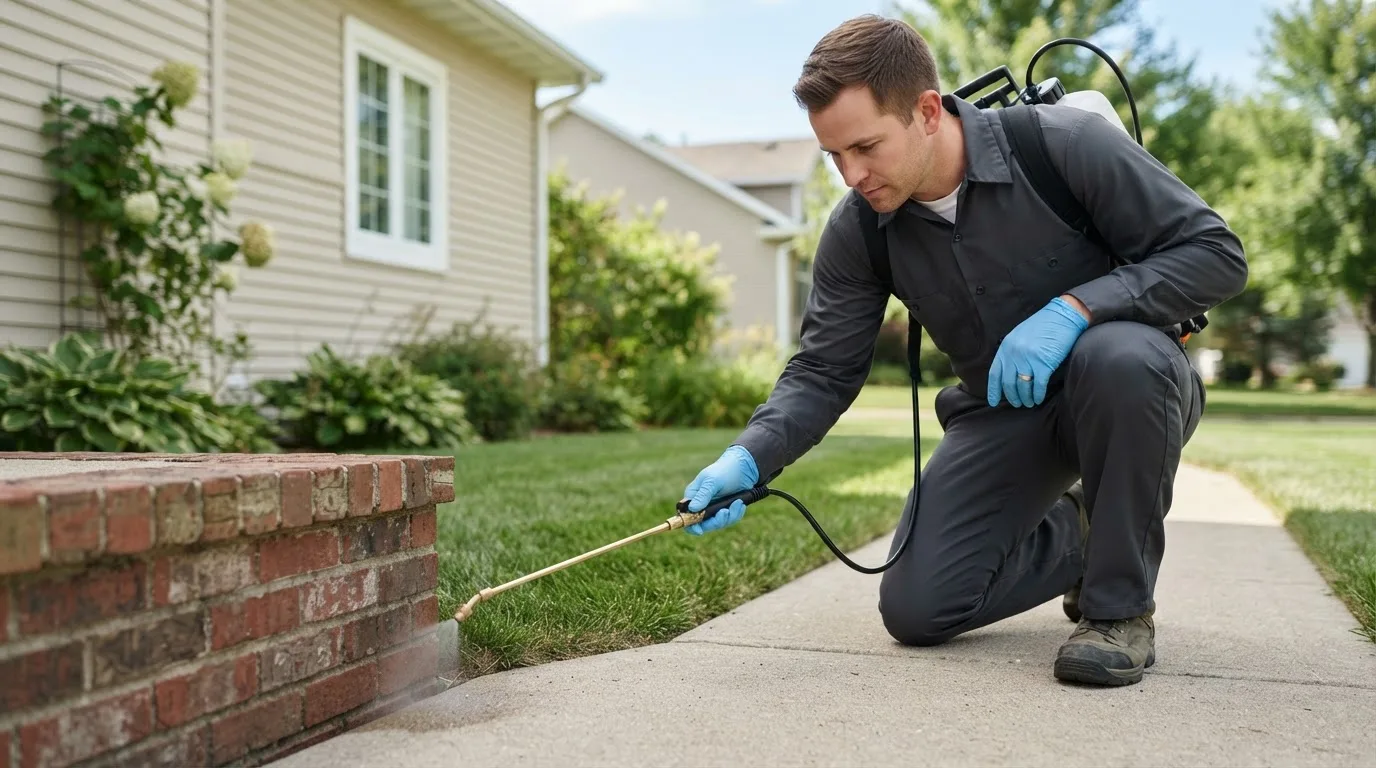 Pest control technician treating a home near Canisteo, NY